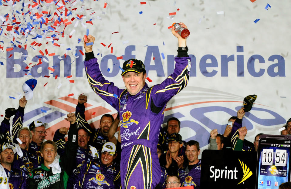 CHARLOTTE, NC - OCTOBER 15: Matt Kenseth, driver of the #17 Fluidmaster Ford, celebrates in Victory Lane after winning the NASCAR Sprint Cup Series Bank of America 500 at Charlotte Motor Speedway on October 15, 2011 in Charlotte, North Carolina. (Photo by Jason Smith/Getty Images for NASCAR)