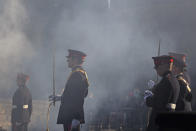 EDINBURGH, SCOTLAND - FEBRUARY 06: Gunners from 105 Regiment Royal Artillery, fire a 21-Gun Royal Salute at Mills Mount Battery at Edinburgh Castle on February 6, 2012 in Edinburgh, Scotland. The 21-Gun Royal Salute was to mark the start of celebrations on this unique year, of Her Majesty’s 60th Anniversary Accession to the Throne. Her Majesty The Queen’s Diamond Jubilee takes place in 2012, marking 60 years of The Queen’s reign. The Queen came to the throne on 6th February 1952. Her Coronation took place on 2nd June 1953. (Photo by Jeff J Mitchell/Getty Images)