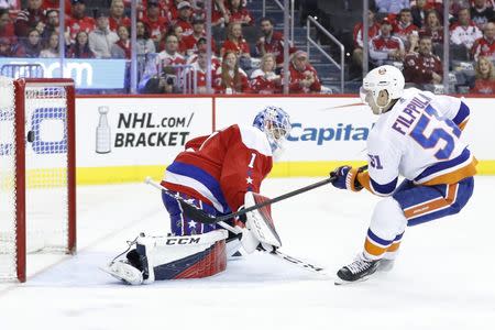 Apr 6, 2019; Washington, DC, USA; New York Islanders center Valtteri Filppula (51) scores a goal on Washington Capitals goaltender Pheonix Copley (1) in the second period at Capital One Arena. Mandatory Credit: Geoff Burke-USA TODAY Sports