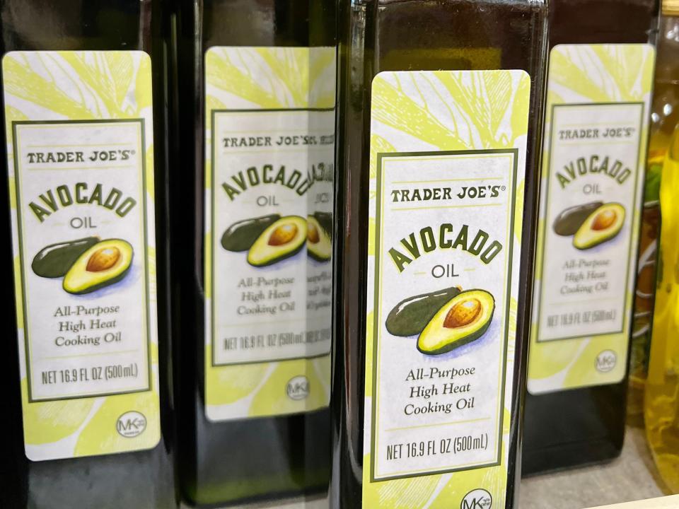 Bottles of Trader Joe's avocado oil on shelf