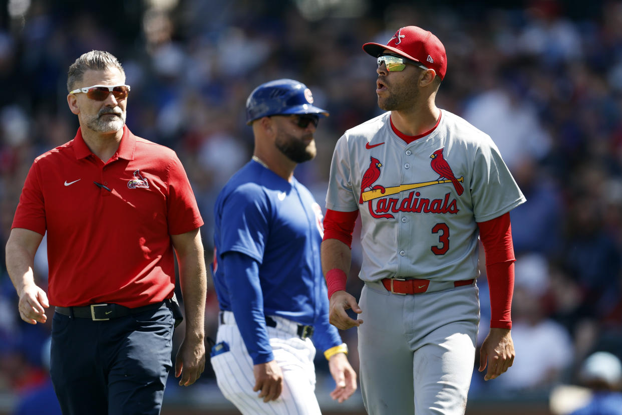 MESA, ARIZONA - MARCH 25: Dylan Carlson #3 of the St. Louis Cardinals leaves the field after an apparent injury during the second inning of a spring training game against the Chicago Cubs at Sloan Park on March 25, 2024 in Mesa, Arizona. (Photo by Chris Coduto/Getty Images)