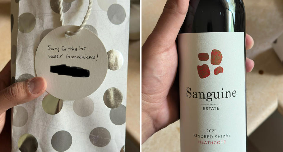 Bottle of red wine in gift bag with sorry note. 