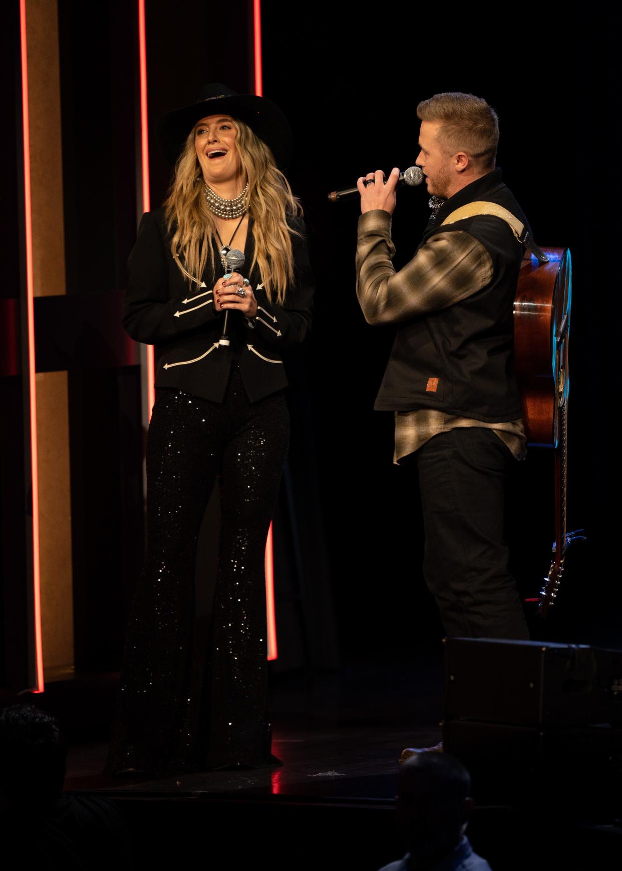 Lainey Wilson interviews Corey Kent during the Opry NextStage Live concert hosted by Lainey Wilson at the Grand Ole Opry in Nashville, Tenn., Wednesday, Dec. 6, 2023.