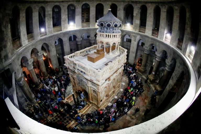 A March 2017 picture shows the inside of the Church of the Holy Sepulchre in Jerusalem. The city's leading churches issued a rare statement condemning what they called Israeli attempts to "weaken the Christian presence" in the city
