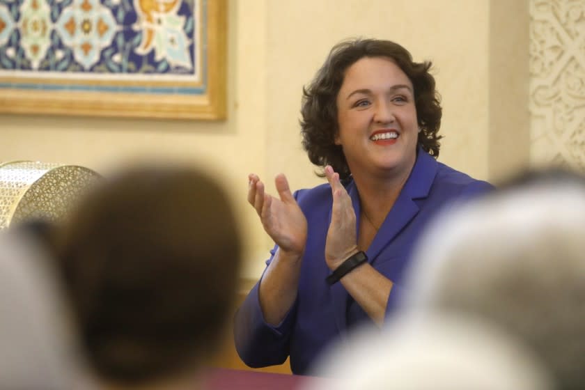 IRVINE, CA - AUGUST 24, 2019 - - Rep. Katie Porter holds a town hall meeting answering questions from constituents about impeachment of the president, global warming and immigration at the Islamic Center of Irvine in Irvine on August 24, 2019. Porter spent the day criss-crossing her districts to make her case for re-election in a tough swing district.(Genaro Molina / Los Angeles Times)