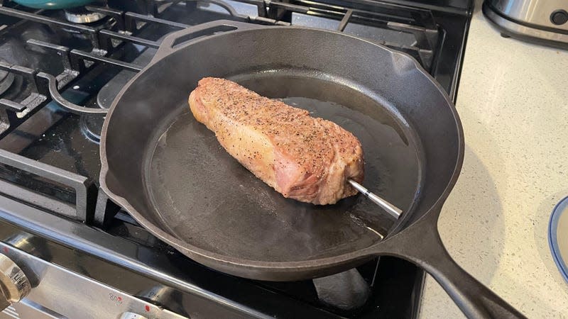 Using the reverse sear method, the steak hits the pan after coming up to temp in the air fryer. - Photo: Ali Khan