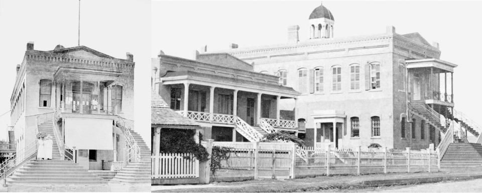 LEFT: Called the Hollub courthouse after its designer Rudolph Hollub, this Nueces County Courthouse was completed in 1875 and used until the 1914 courthouse opened. RIGHT: Nueces County's original courthouse, on the left in this image, was completed in 1853. It was designed by Felix A. Blucher and cost $4,000. Once the Hollub courthouse was completed, on the right in this image, the original courthouse was left standing and used as a jury room, jail, and county offices.