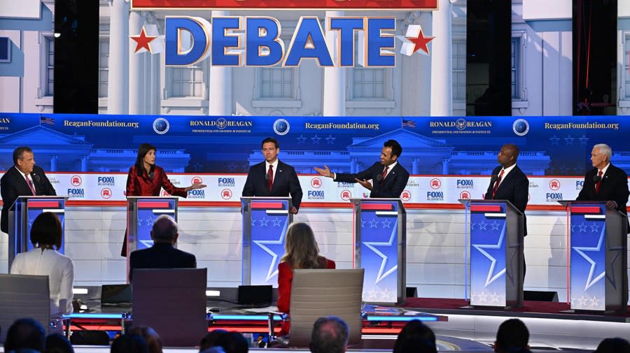 <em><sub>From left, former Governor of New Jersey Chris Christie, former South Carolina Gov. and U.N. ambassador Nikki Haley, Florida Gov. Ron DeSantis, entrepreneur Vivek Ramaswamy, Sen. Tim Scott (S.C.) and former Vice President Mike Pence attend the second Republican presidential primary debate Sept. 27 at the Ronald Reagan Presidential Library in Simi Valley, Calif. Robyn Beck/AFP via Getty Images</sub></em>