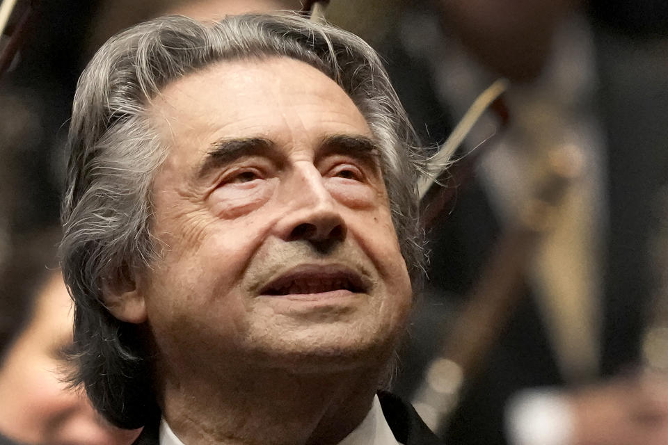 Riccardo Muti, musical director of the Chicago Symphony Orchestra takes in the applause of the audience after conducting the orchestra and chorus in Beethoven's "Missa Solemnis" in D Major, Op. 123, Sunday, June 25, 2023, in Chicago. Sunday marked the last performance by Muti, 81, in Orchestra Hall during his 13 year tenure. (AP Photo/Charles Rex Arbogast)