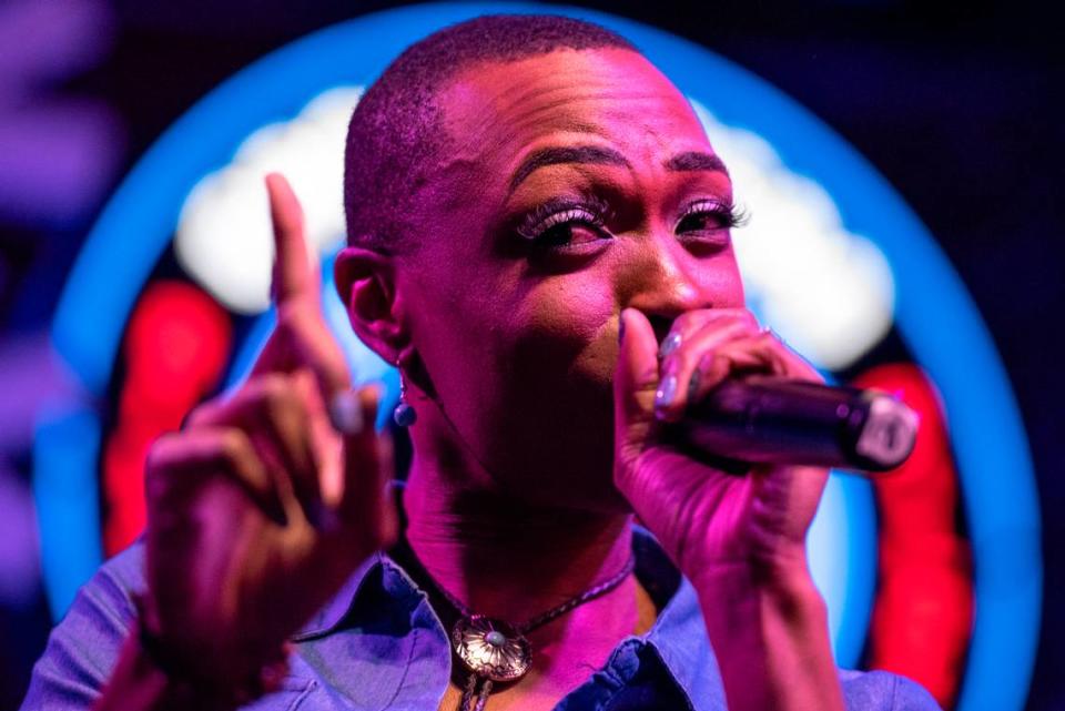 Chapel Hart’s Trea Swindle shakes her finger for the camera during their show at Ground Zero Blues Club in Biloxi on Wednesday, Nov. 30, 2022. Hannah Ruhoff/The Sun Herald