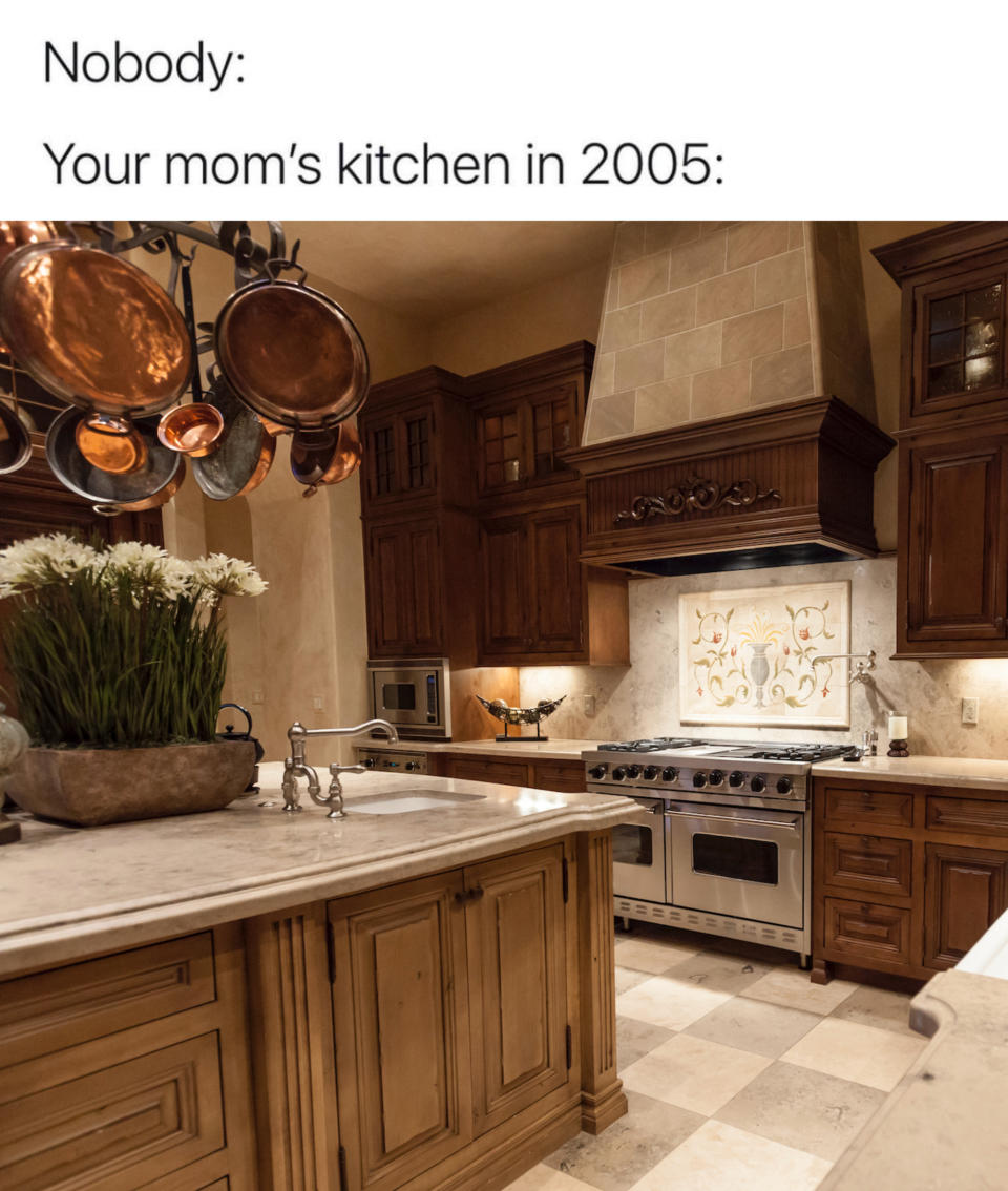 Meme showing a kitchen with "CUCINA" sign, rooster decor, and vintage accessories, captioned with "Your mom's kitchen in 2005."