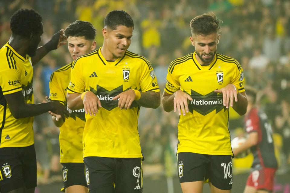 Jul 6, 2024; Columbus, OH, USA; Columbus Crew forward Diego Rossi (10) celebrates scoring a goal with forward Cucho Hernandez (9) during the second half of the MLS soccer match against Toronto FC at Lower.com Field. The Crew won 4-0.