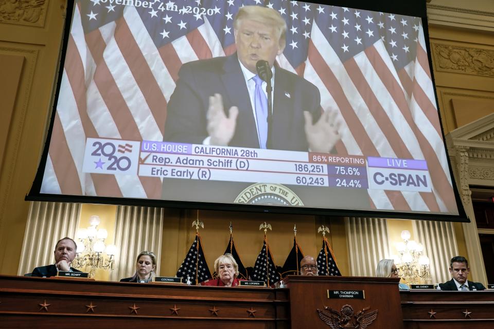 Video of former President Donald Trump is played during a hearing Monday by the House select committee investigating the attack on the U.S. Capitol on Jan. 6, 2021.