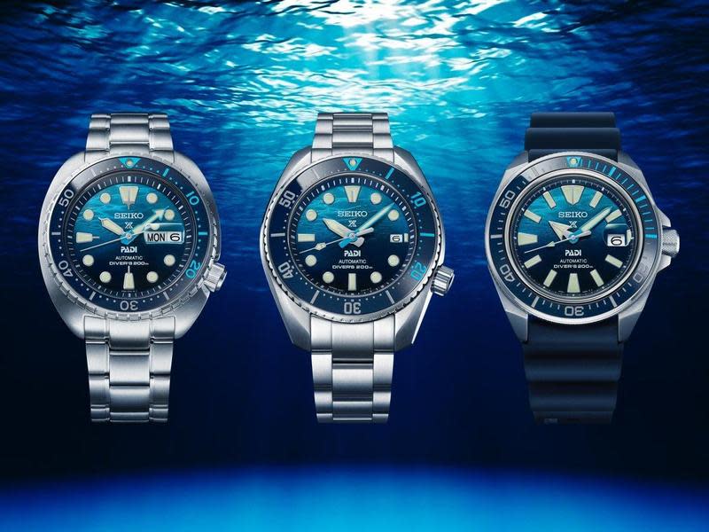 SEIKO發表2023年Prospex Save The Ocean 潛水錶特別版，左起：海龜（Turtle）SRPK01K1，約NT$21,000；相撲（SUMO）SPB375J1，約NT$38,800；武士（Samurai）SRPJ93K1，約NT$20,500 。