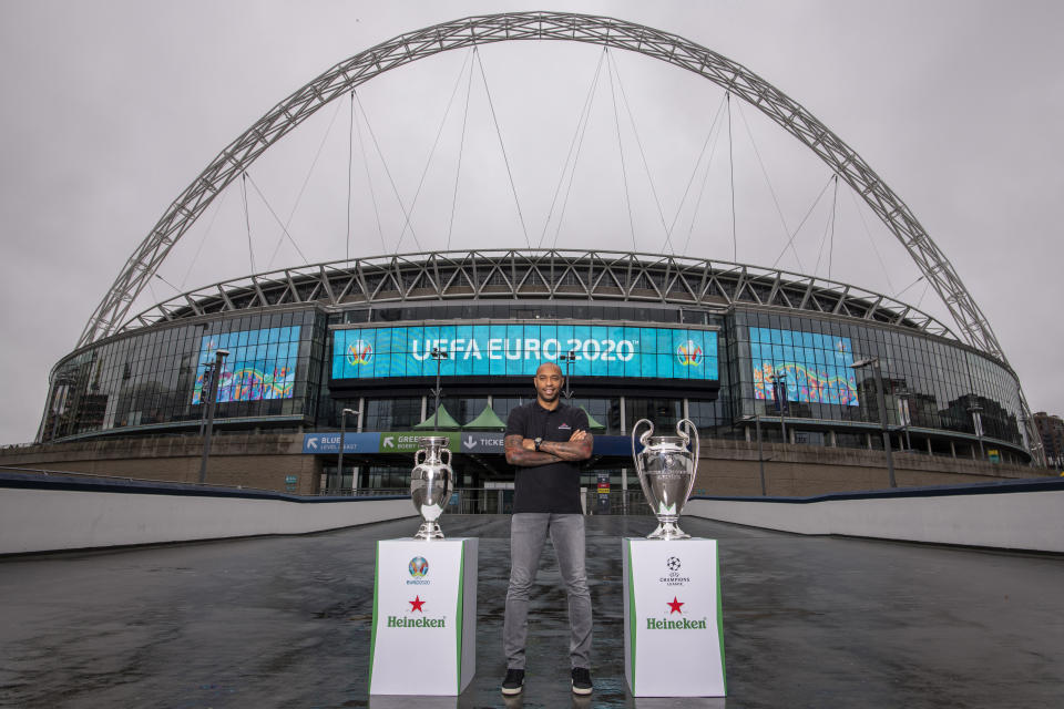 Thierry Henry, Global Heineken® Ambassador with the EURO 2020 Trophy and UEFA Champions League Trophy at Wembley Stadium, London to announce Heineken’s sponsorship of the EURO 2020 Championships and renewal of the UEFA Champions League Sponsorship. 