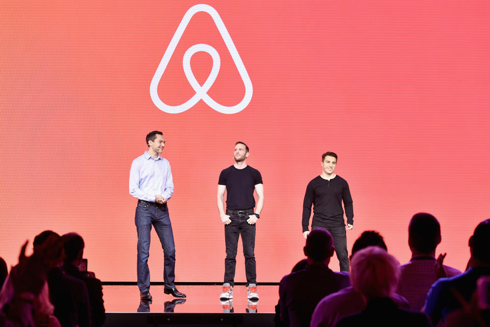 Airbnb cofounders Nathan Blecharczyk, Joe Gebbia, and CEO Brian Chesky speak at Airbnb Open LA on Nov. 17, 2016 in Los Angeles.  (Photo by Mike Windle/Getty Images for Airbnb) 