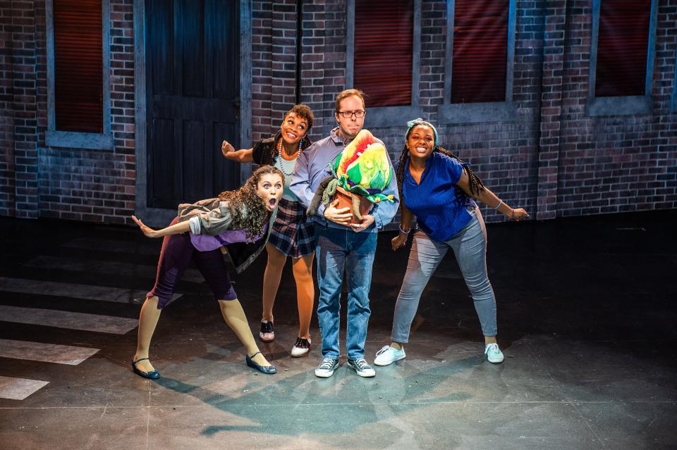 From left, Jocelyn Trimmer as Chiffon, Israeljah (Aylah) Khi-Reign as Crystal, Morgan Mills as Seymour and Hannah Hall as Ronette in Porthouse Theatre's "Little Shop of Horrors."