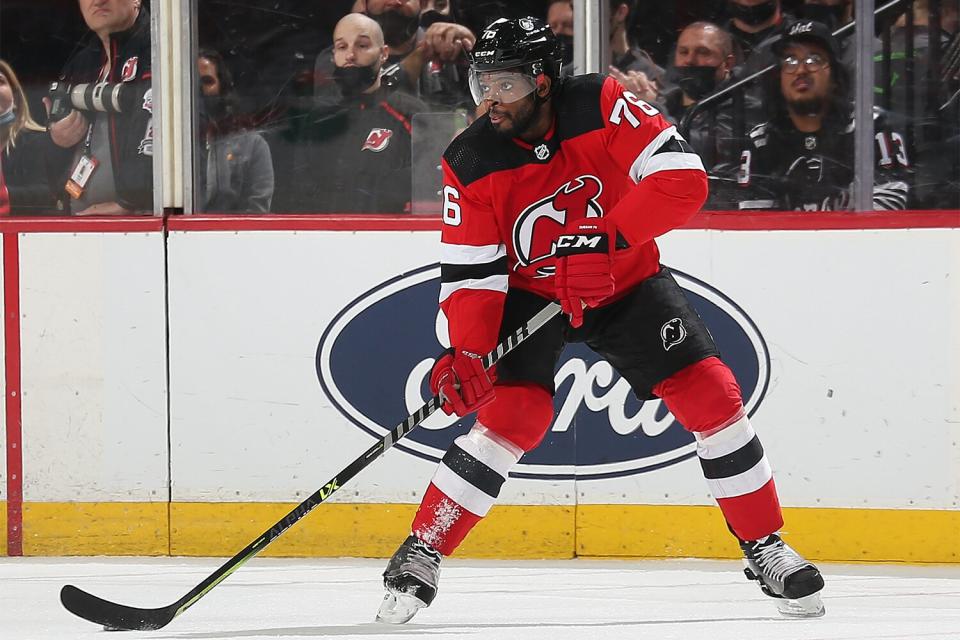 P.K. Subban #76 of the New Jersey Devils plays the puck against the Carolina Hurricanes during the game at Prudential Center on April 23, 2022 in Newark, New Jersey.