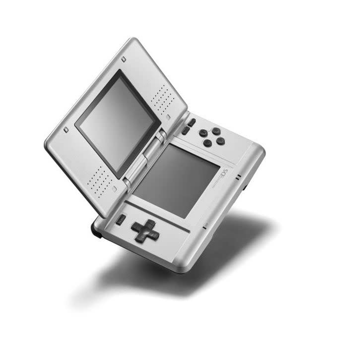 An open Nintendo DS Lite on a white background, reflecting its dual-screen design for the Rewind section