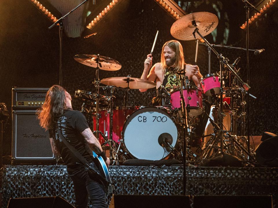 Dave Grohl and Taylor Hawkins of the Foo Fighters performing in February 2022.