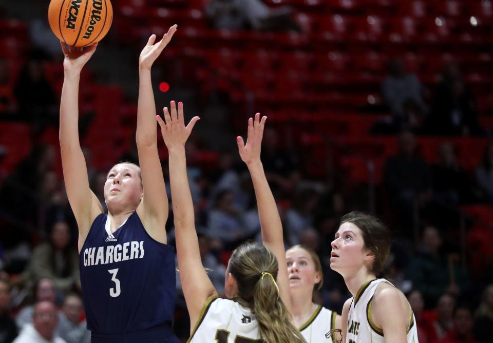 Corner Canyon’s Addison Yeomans shoots during a 6A girls quarterfinal basketball game against Davis High School at the Huntsman Center in Salt Lake City on Monday, Feb. 26, 2024. Corner Canyon won 59-56 in overtime. | Kristin Murphy, Deseret News