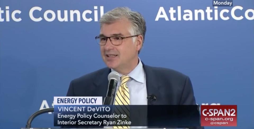 Vincent DeVito, pictured here during <a href="https://www.c-span.org/video/?446787-1/energy-policy" target="_blank" rel="noopener noreferrer">an event</a> hosted by the Atlantic Council in June 2018, went to work for a Dallas-based fossil fuel firm last year after leaving his job as a senior counselor to then-Interior Secretary Ryan Zinke. (Photo: <a href="https://www.c-span.org/video/?446787-1/energy-policy" target="_blank">C-SPAN</a>)