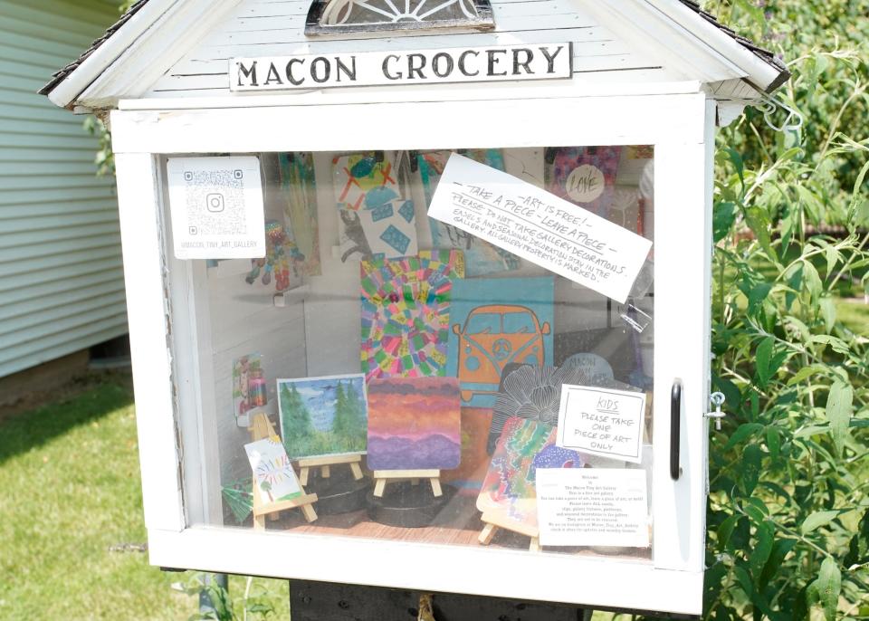 This replica of the Macon Grocery is part of the Macon Tiny Art Gallery, next to Macon Grocery (8160 Clinton-Macon Road), which was started in 2021 by artist and former Tecumseh Public Schools art teacher Bethanne Paepke.