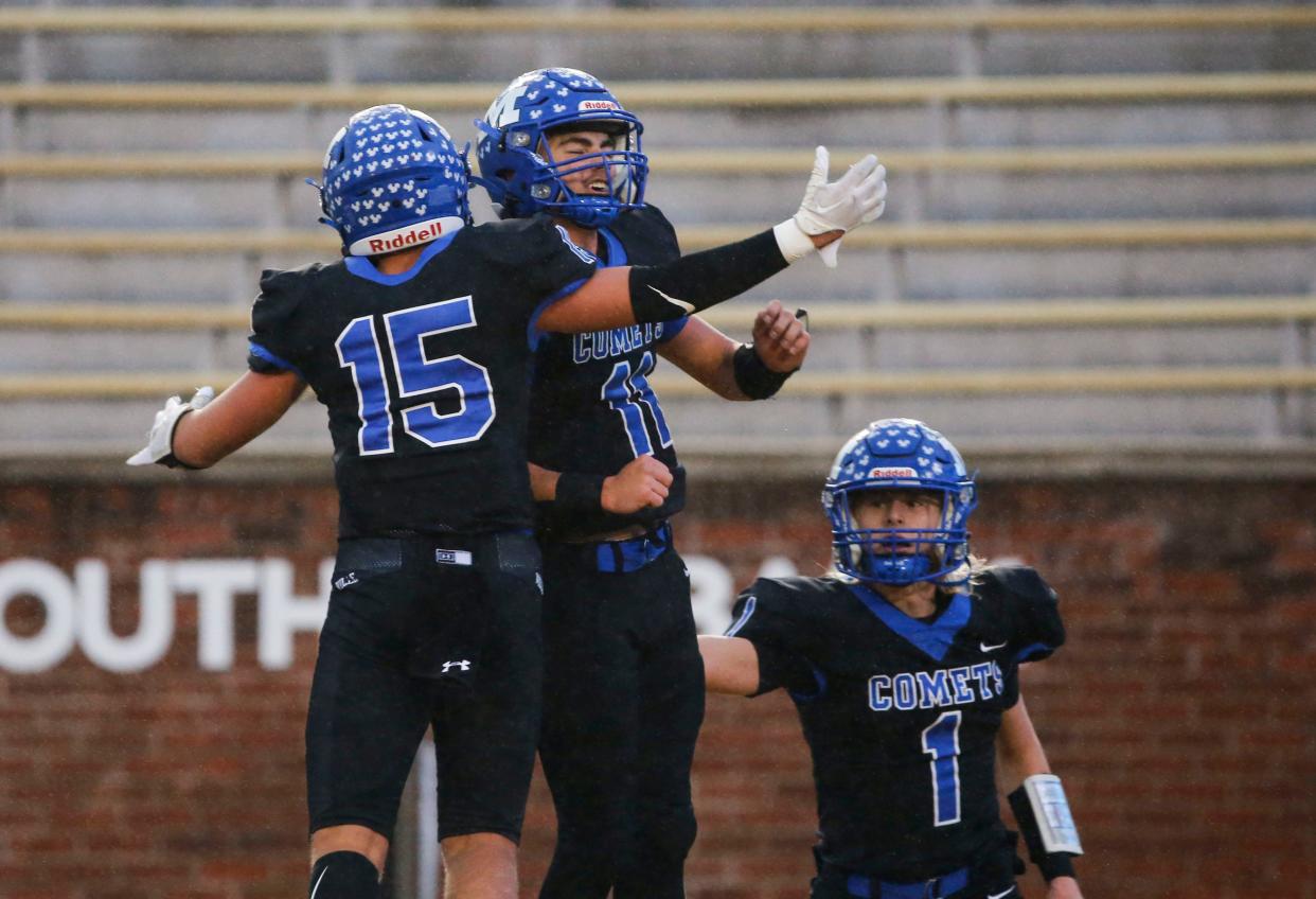 Marionville's Bryer Guerin (11) celebrates with teammates after scoring a touchdown as the Comets take on the North Platte Panthers in the Class 1 State Championship football game at Faurot Field in Columbia, Mo. on Friday, Dec. 1, 2023.