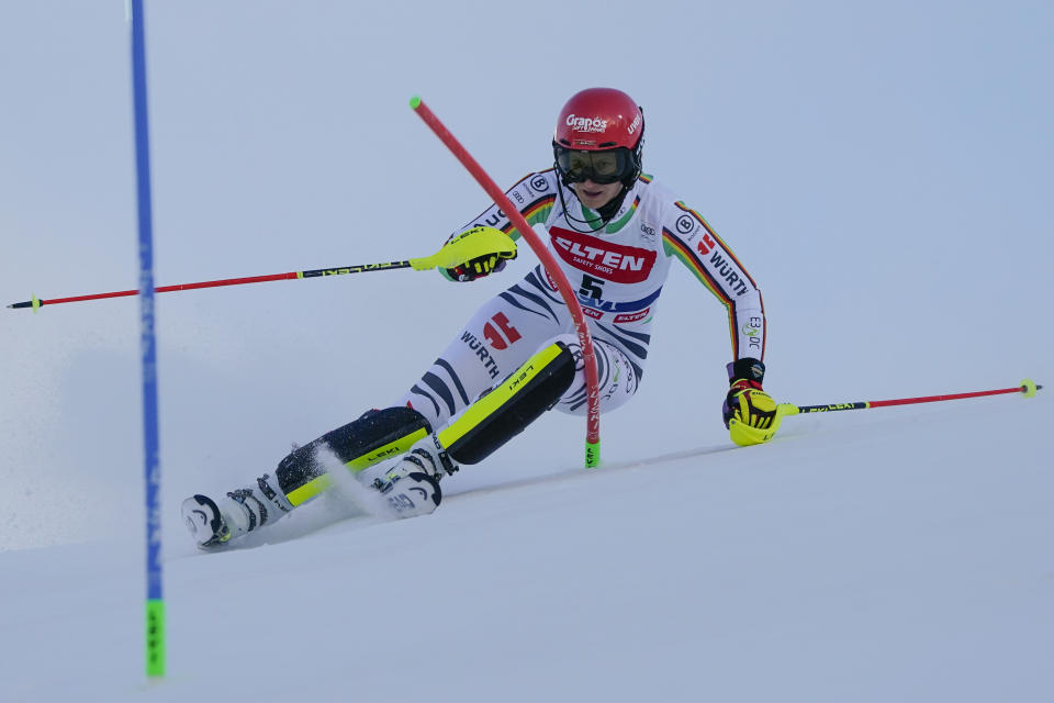 Germany's Lena Duerr speeds down the course during the first run of an alpine ski World Cup women's slalom race, in Levi, Finland, Saturday, Nov. 11, 2023. (AP Photo/Giovanni Auletta)