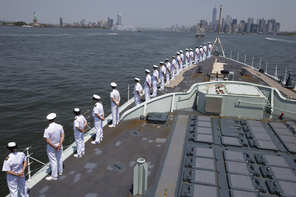 <p>Crew members of Her Majesty Canadian Ship Athabaskan man the rails as they sail past the Statue of Liberty toward Lower Manhattan, Wednesday, May 25, 2016, in New York. The annual Fleet Week is bringing a flotilla of activities, including a parade of ships sailing up the Hudson River and docking around the city. The events continue through Memorial Day. (AP Photo/Mary Altaffer) </p>