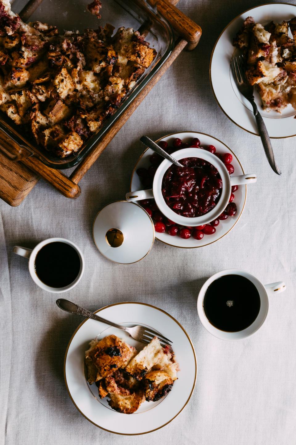 This recipe for savory French toast casserole uses Thanksgiving leftovers.