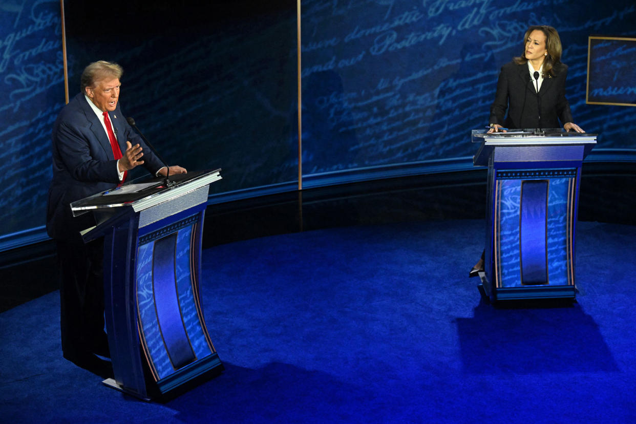 Republican presidential candidate Donald Trump and Democratic presidential candidate Kamala Harris during a presidential debate at the National Constitution Center in Philadelphia, Pennsylvania (Saul Loeb / AFP via Getty Images)