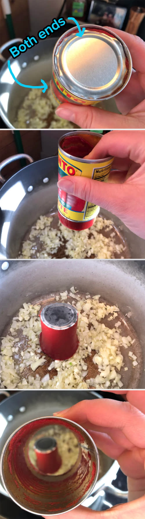 Person opening a can of tomato paste over a pot