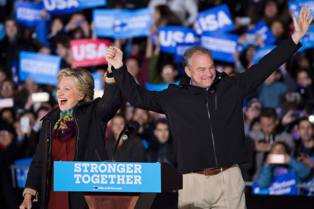 <p>DOMINICK REUTER/AFP via Getty</p> Running mates Hillary Clinton and Tim Kaine arrive for a Philadelphia campaign rally in the final days of the election