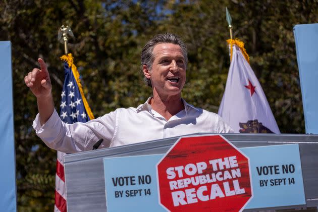 Gov. Gavin Newsom addresses an anti-recall rally on Sept. 4 as he campaigns with Sen. Elizabeth Warren (D-Mass.) in Culver City, California.  (Photo: David McNew/Getty Images)