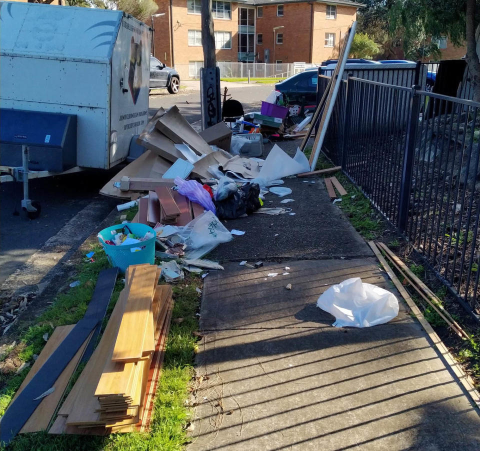 The rubbish was strewn across the nature strip and footpath in South Coogee. Source: Facebook