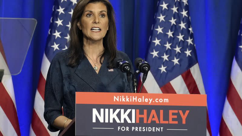 Republican presidential candidate and former United Nations Ambassador Nikki Haley gives a speech on the state of her campaign on Tuesday, Feb. 20, 2024, in Greenville, S.C. Haley said she isn’t dropping out of the 2024 presidential race — even if she loses in South Carolina.