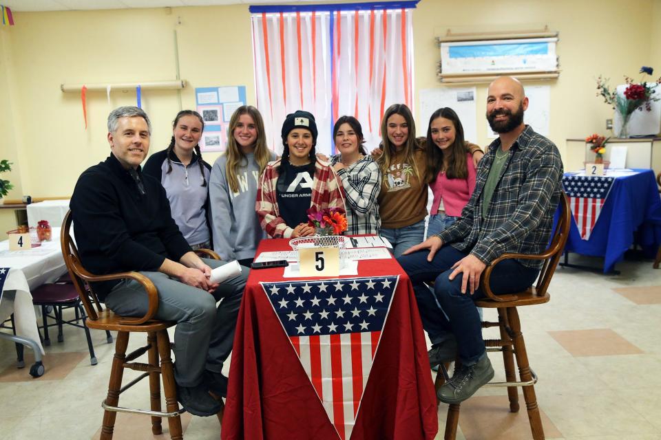 Middle School of the Kennebunks teachers Ben Fogg, left, and Dan Sherman pose in the Redcoats and Revolutions Grill and Tavern, which helps students learn about the Revolutionary War in a unique way.