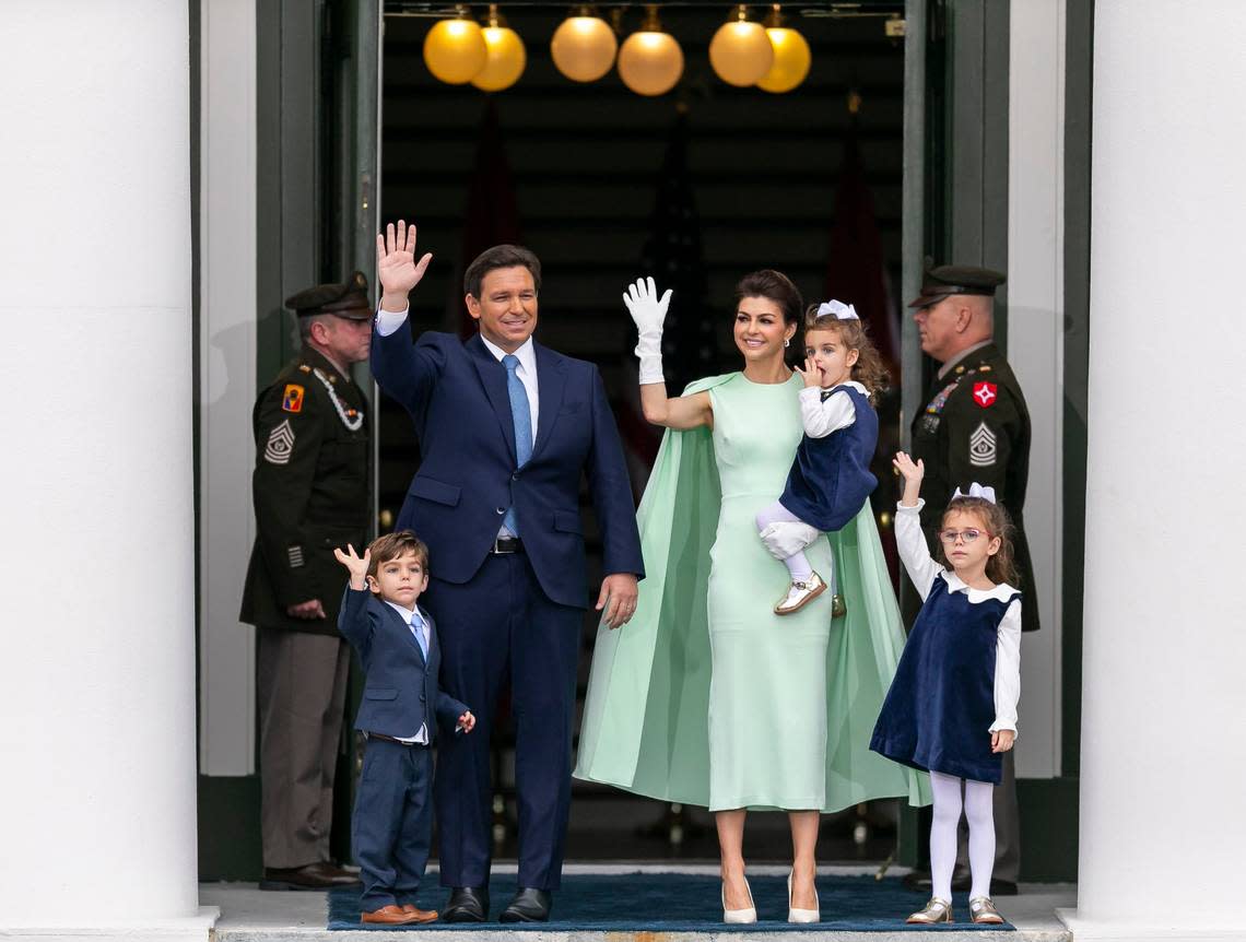 From left to right: Mason, Florida Gov. Ron DeSantis, Casey DeSantis, Mamie and Madison wave to the crowd during the inauguration ceremony at the historic Florida Capitol on Tuesday, January 3, 2023, in Tallahassee, Fla.