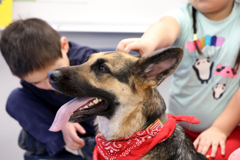 Kindergarteners pet support dog Duchess during the morning meeting in teacher Lisa Frey's class at Carrie E. Tompkins Elementary School Jan. 11, 2024 in Croton-on-Hudson.