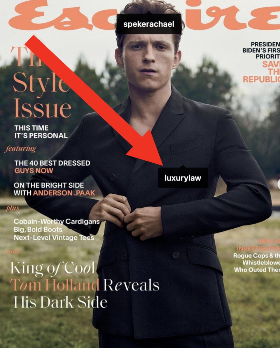 Law tagged on Tom's cover of Esquire magazine on which he's wearing a three button blazer and slacks