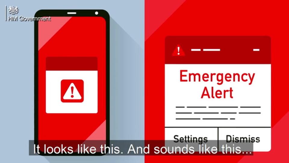 The emergency alert will appear in this format on devices (Cabinet Office)