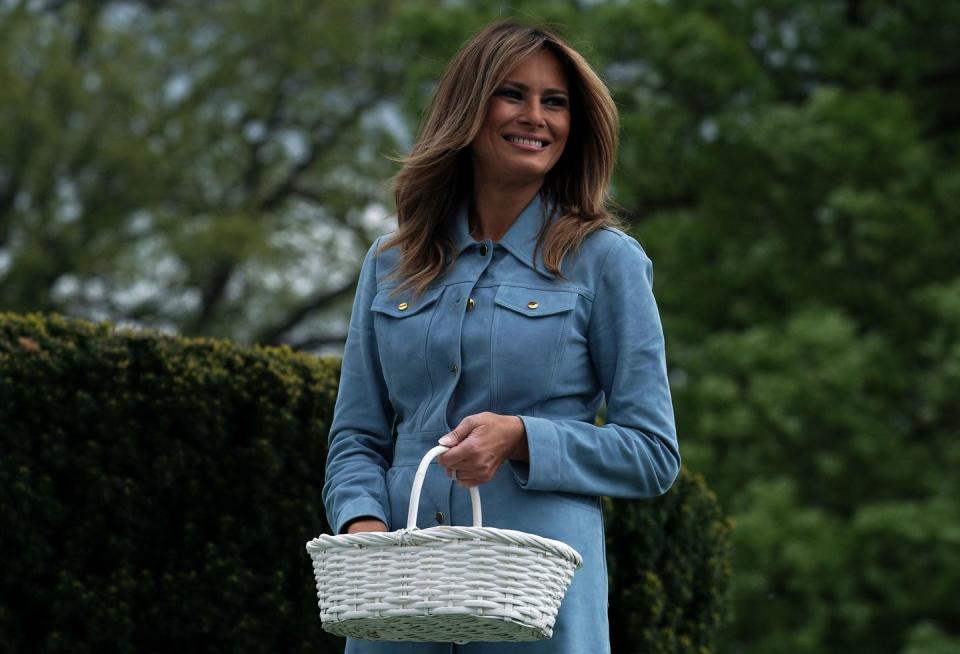 <p>Mrs. Trump leaned fully into Easter at the April 2019 White House Easter Egg Roll in this pastel Ralph Lauren ensemble. </p>