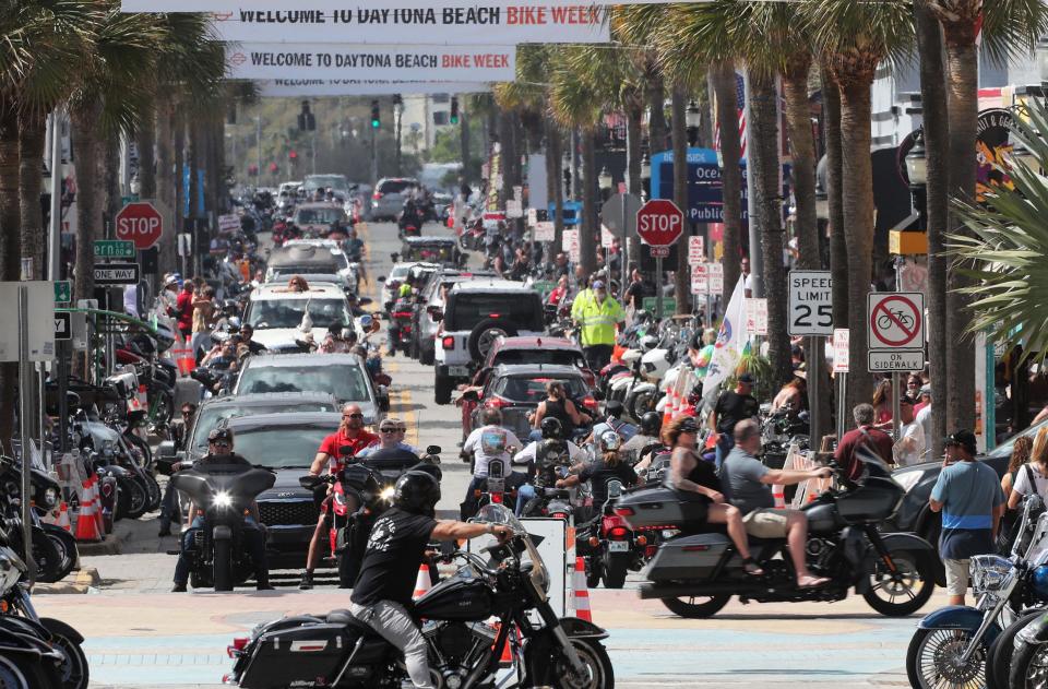 Motorcyclists fill Main Street in Daytona Beach during the first Saturday of Bike Week in 2022.