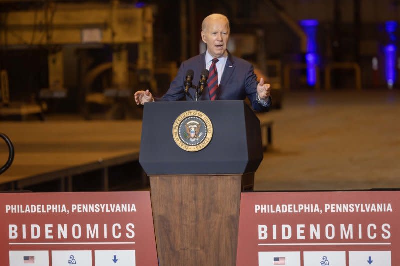 President Joe Biden discusses clean energy and new jobs at the Philadelphia Shipyard in Philadelphia on Thursday. Also on Thursday, the Interior Department announced the final sale of the first-ever offshore wind lease in the Gulf of Mexico. Photo by Laurence Kesterson/UPI