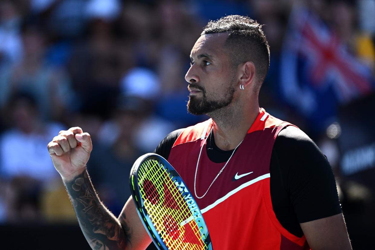 MELBOURNE, AUSTRALIA - JANUARY 25: Nick Kyrgios of Australia reacts in his Men's Doubles Quarterfinals match with Thanasi Kokkinakis of Australia against Tim Puetz of Germany and Michael Venus of New Zealand during day nine of the 2022 Australian Open at Melbourne Park on January 25, 2022 in Melbourne, Australia. (Photo by Quinn Rooney/Getty Images)