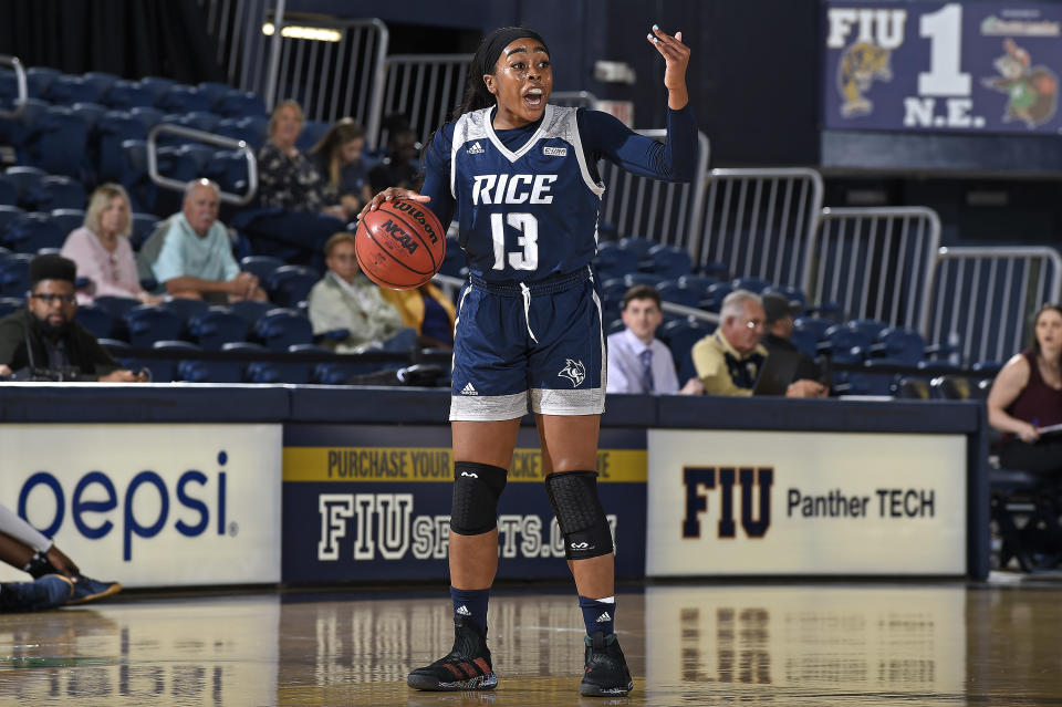 Rice guard Erica Ogwumike (13) handles the ball in the first half as the Rice University Owls faced the FIU Golden Panthers, on January 11, 2020, at the Ocean Bank Convocation Center in Miami, Florida. (Photo by Samuel Lewis/Icon Sportswire via Getty Images)