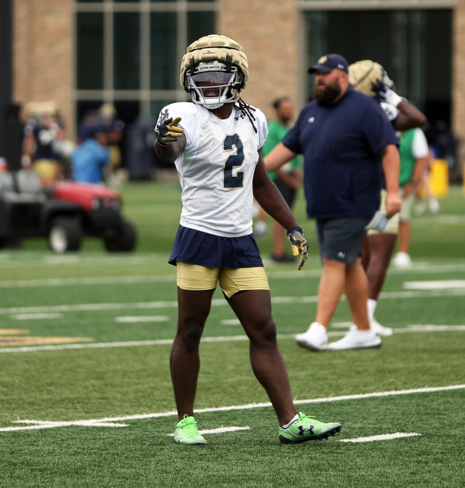 Notre Dame graduate senior Jayden Harrison gestures as the offense works through a drill during a practice Friday, August 2, 2024, at the Irish Athletics Center in South Bend.