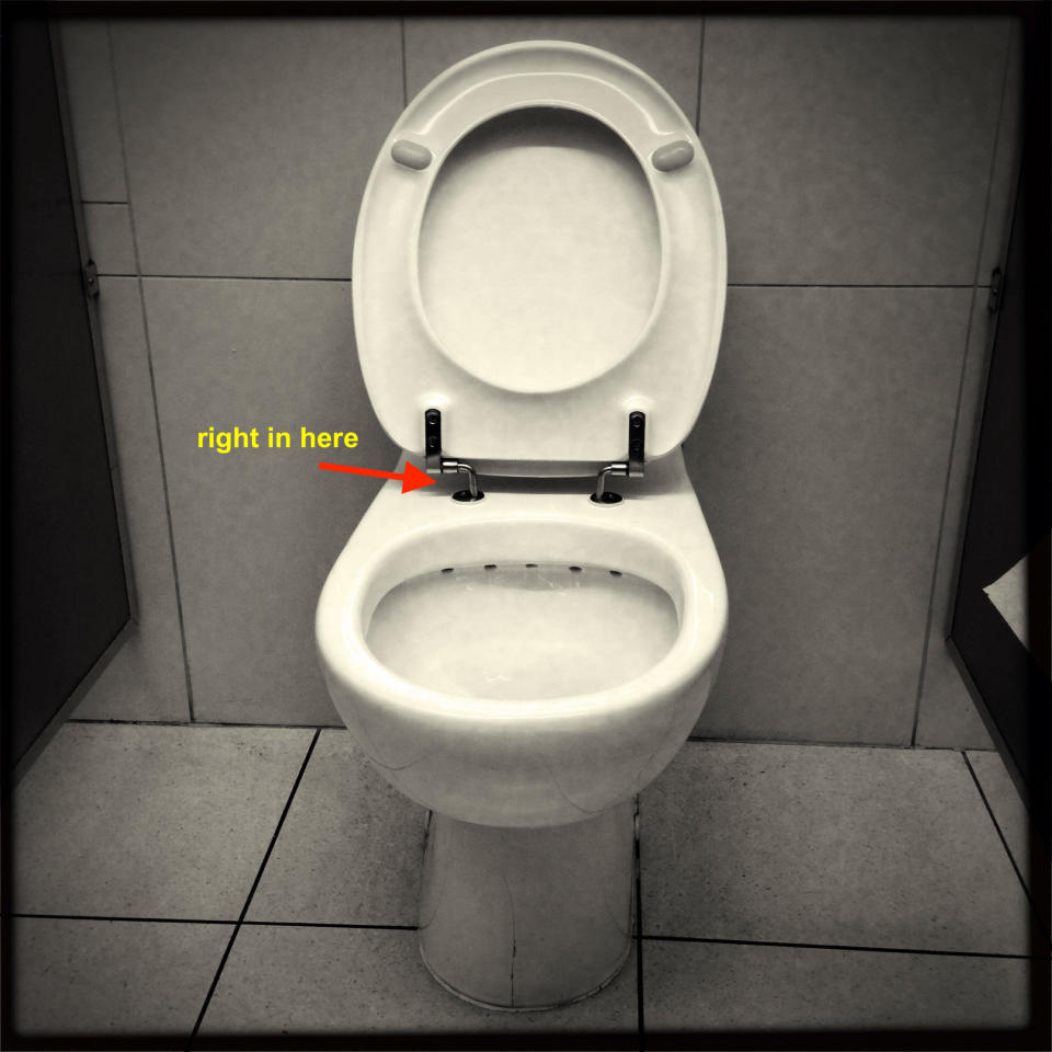 an arrow pointing to the toilet where the lid meets the base