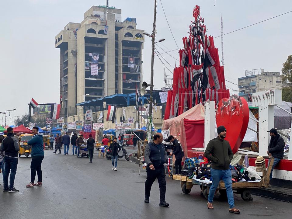 Protesters stage a sit-in at Tahrir Square during anti-government demonstrations in Baghdad, Iraq, Thursday, Jan. 23, 2020. (AP Photo/Khalid Mohammed)